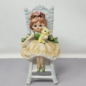 Vintage Lefton Ceramic Girl Figurine With Cat Sitting On Chair‎